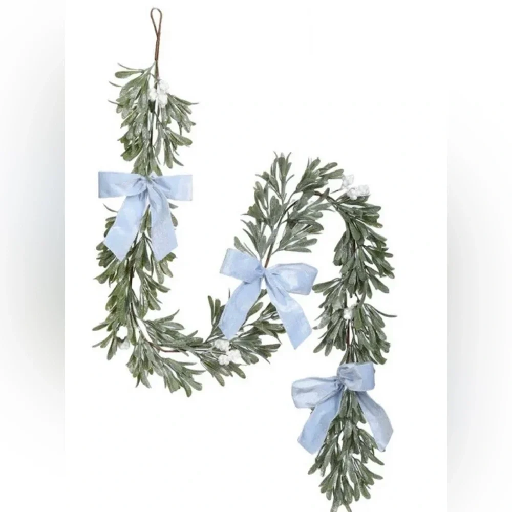 6 Foot Elegant Garland Featuring Bows Greenery & White Berries, HOLIDAY WEDDING